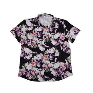 SheLucki Men's Small Shirt All Over Skulls Floral Button Up Short Sleeve‎